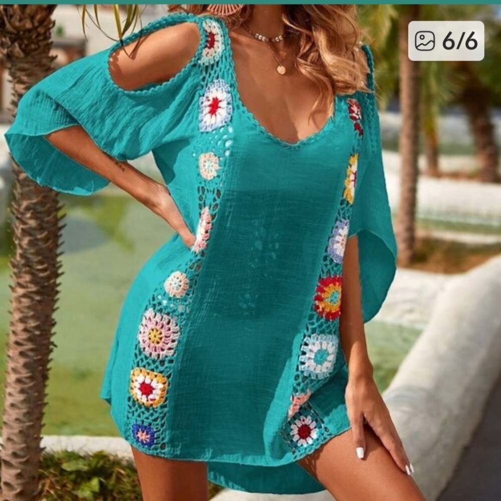 Teal Blue Women's Crochet Loose Cover Up Dress, Beach Vacation Outfit